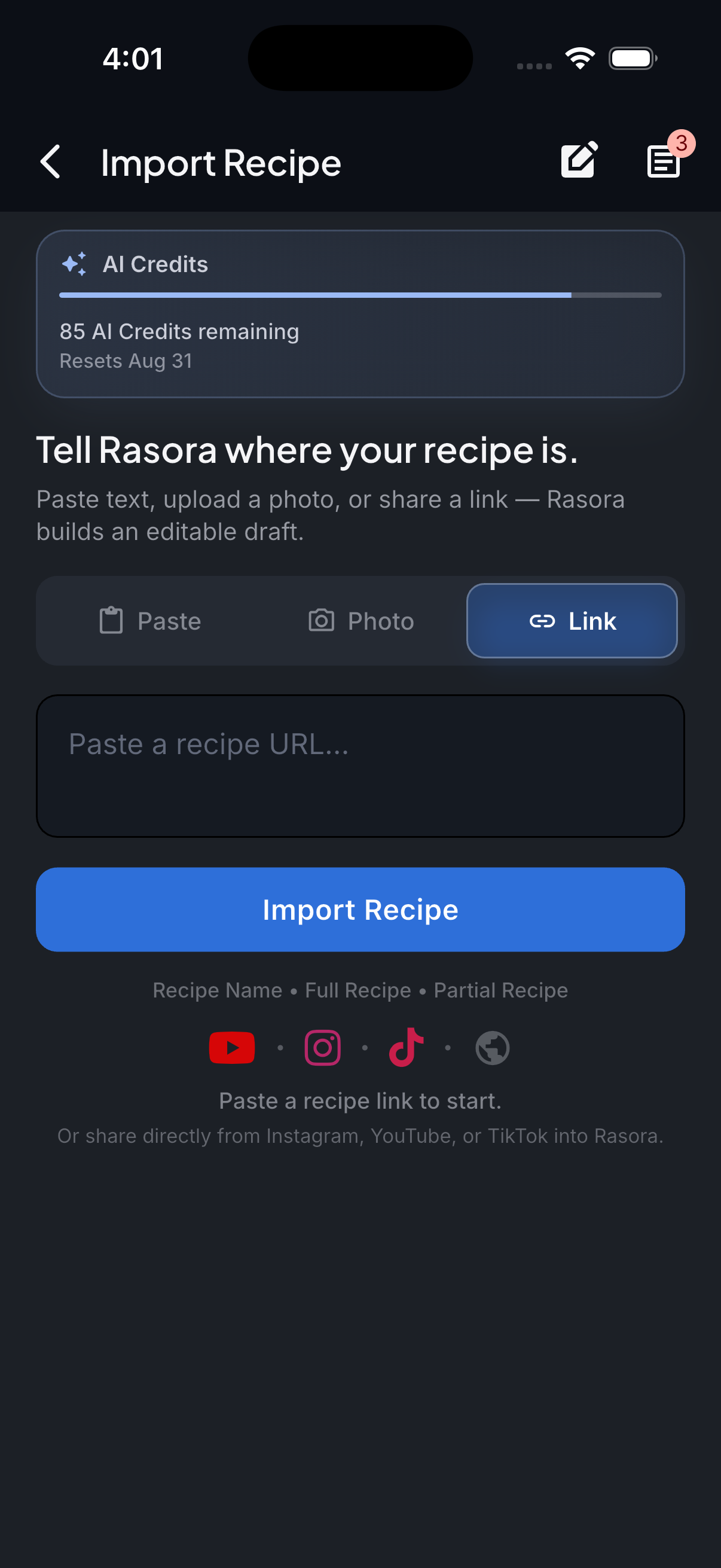 Rasora's Import Recipe screen with the Link tab selected, showing TikTok, Instagram, YouTube, and website icons