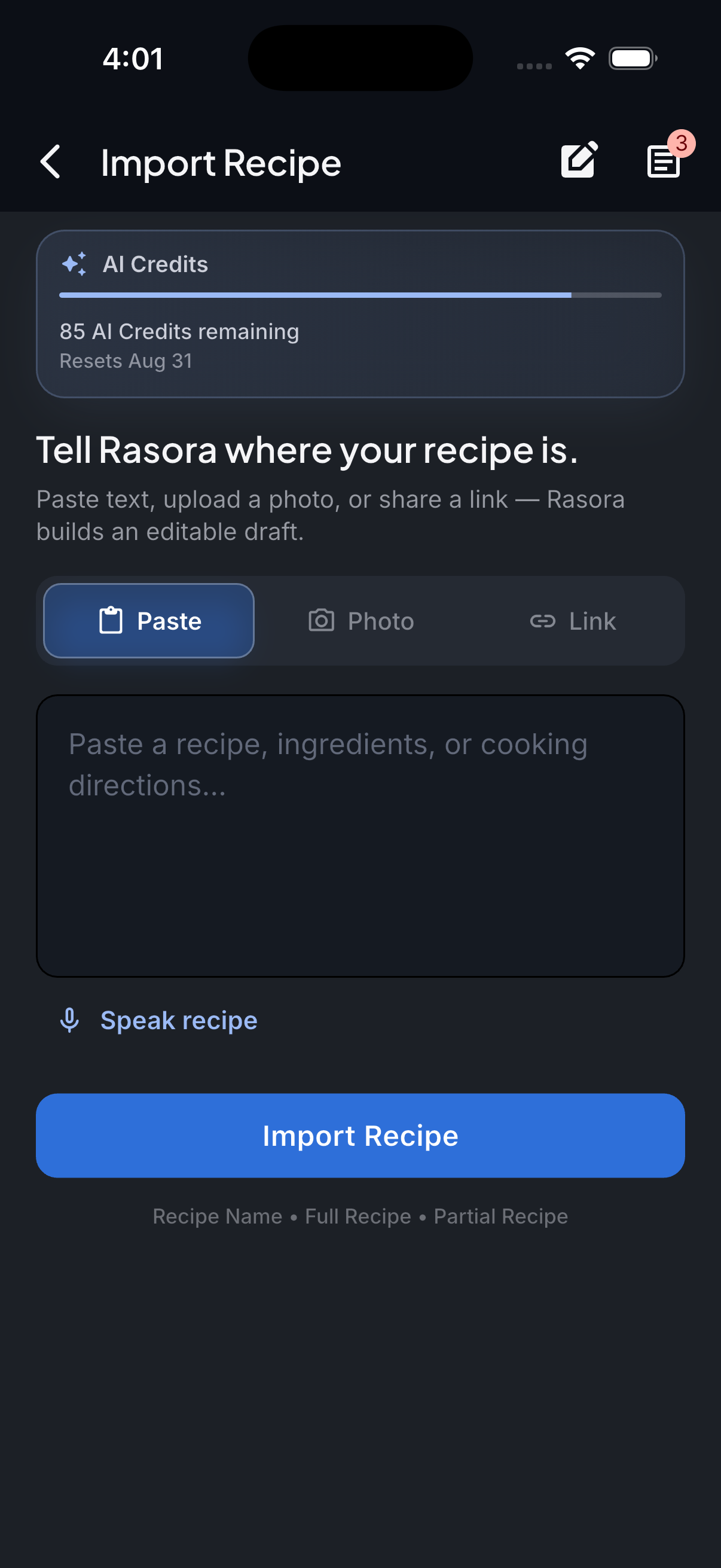 Rasora's Import Recipe screen with the Paste tab selected, ready for a copied Instagram caption