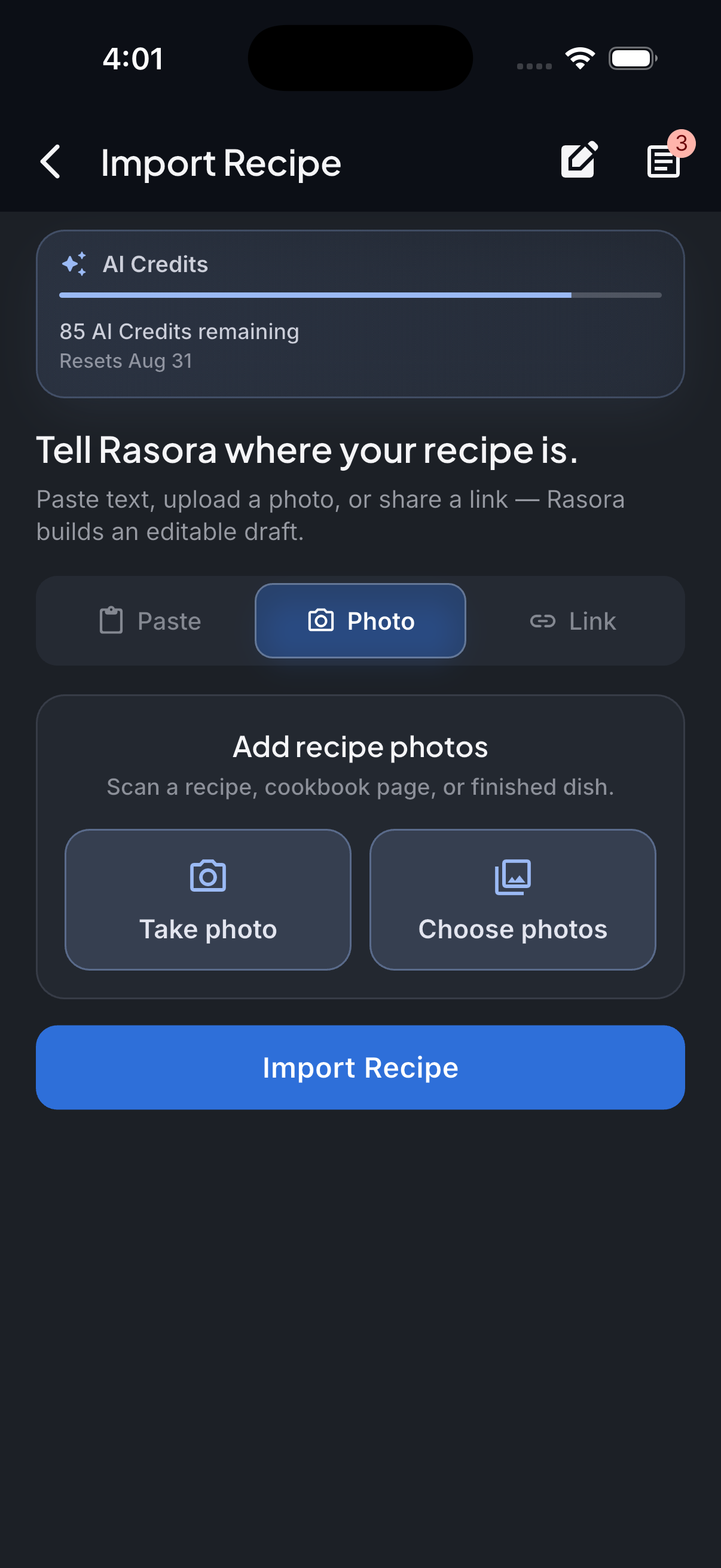Import Recipe — Photo tab
