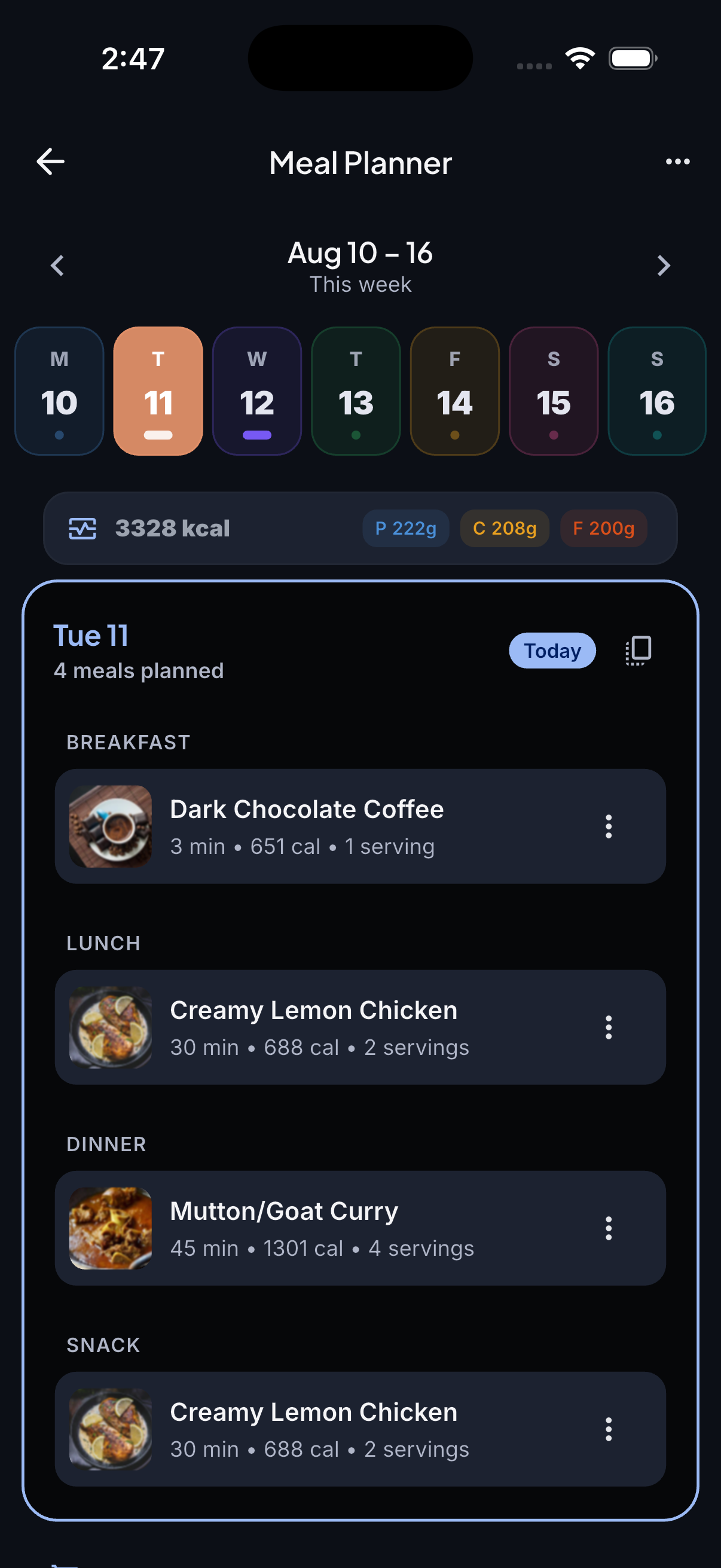 Rasora's meal planner showing a full week with breakfast, lunch, dinner, and snacks planned