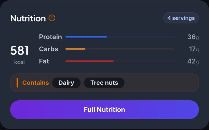 Rasora's nutrition card showing calories, protein, carbs, fat, and allergen warnings for a real recipe
