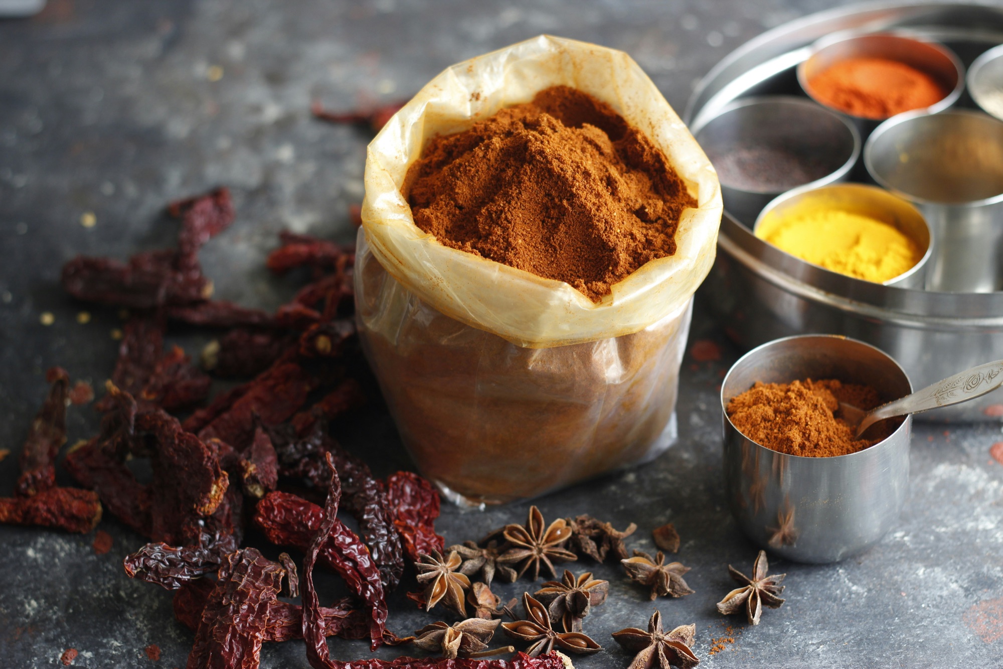 A bag of freshly ground garam masala powder